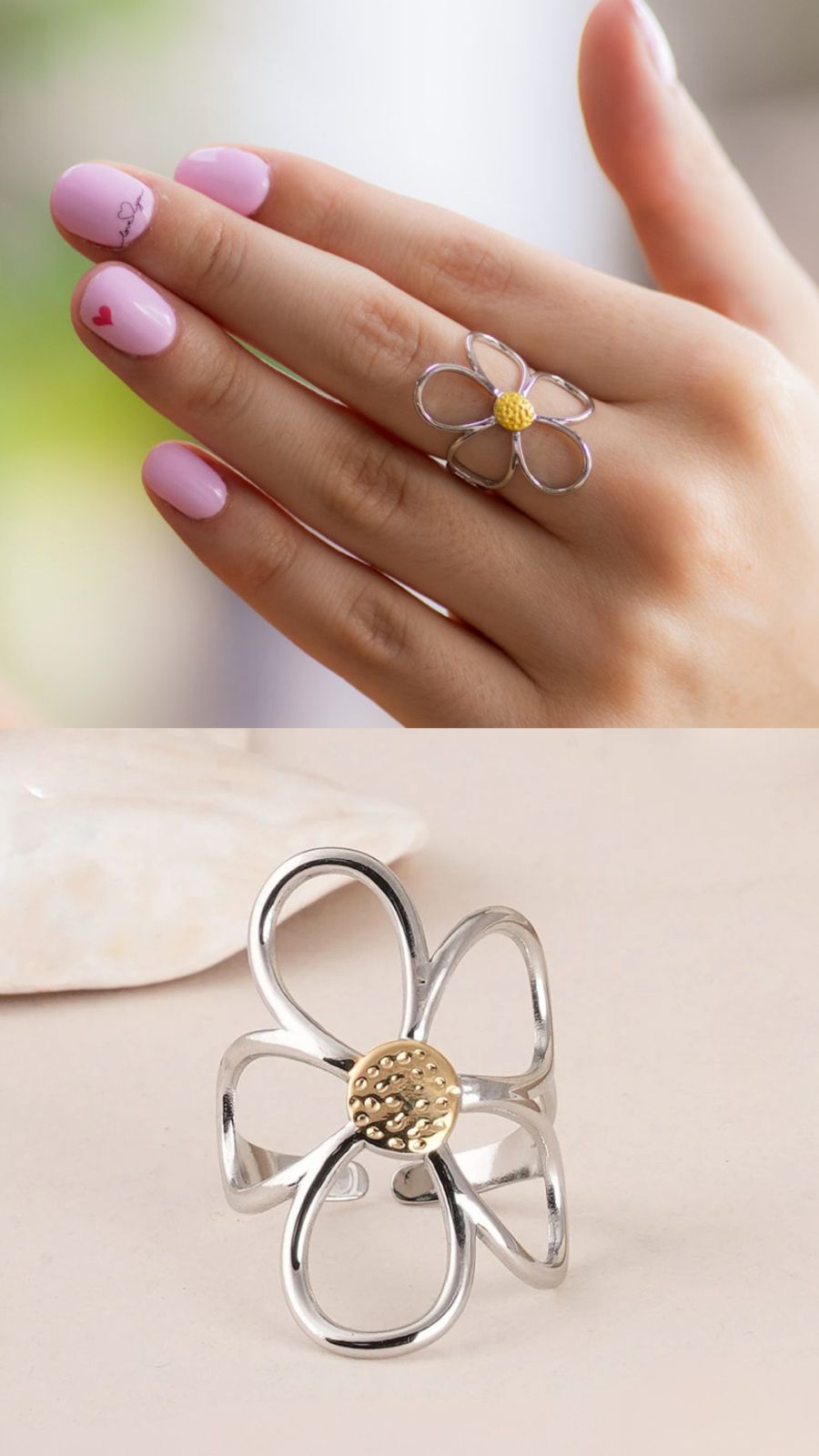 Anillo flor plateado autoajustable