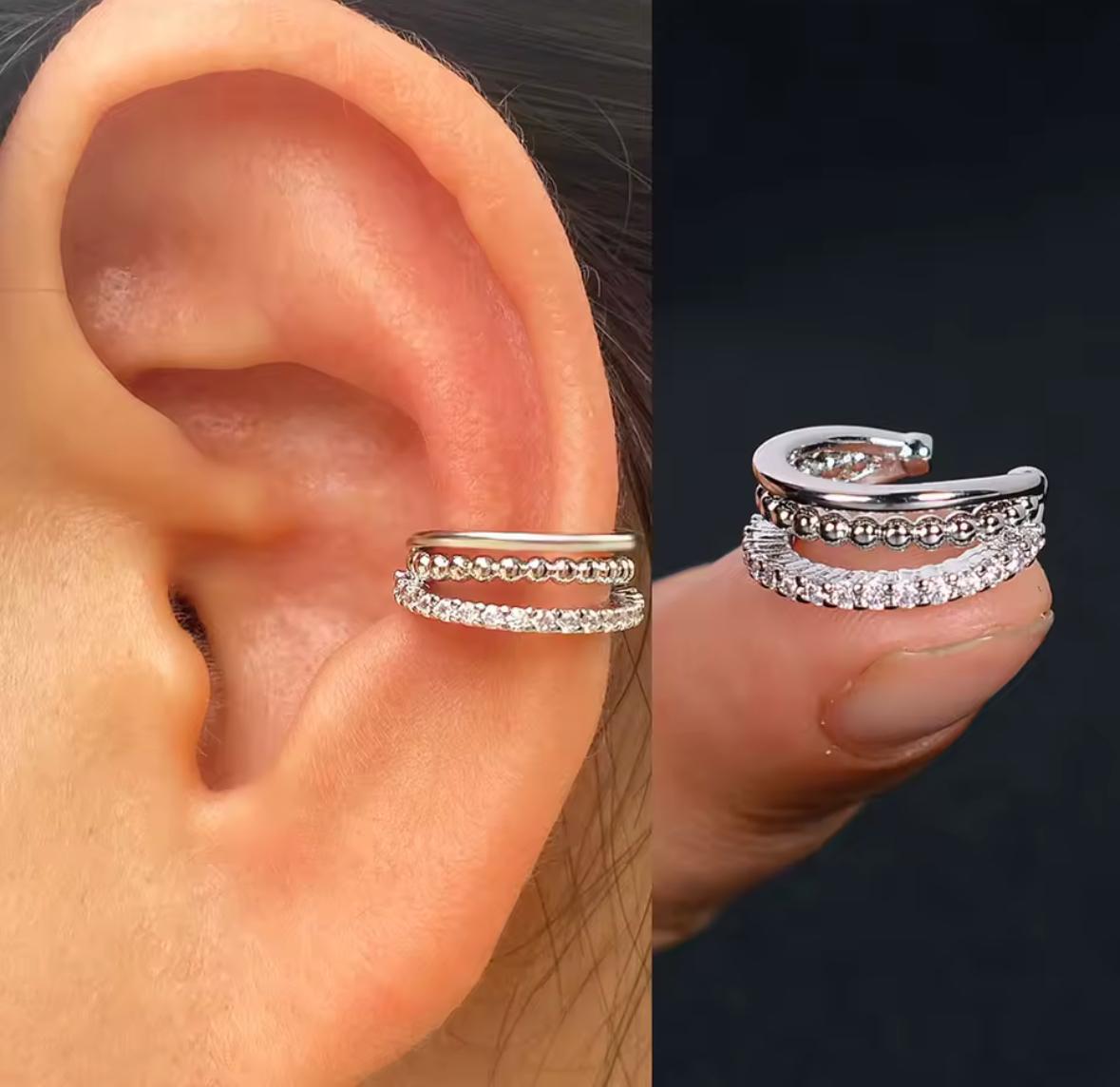 Ear cuff plateado circonio tres líneas