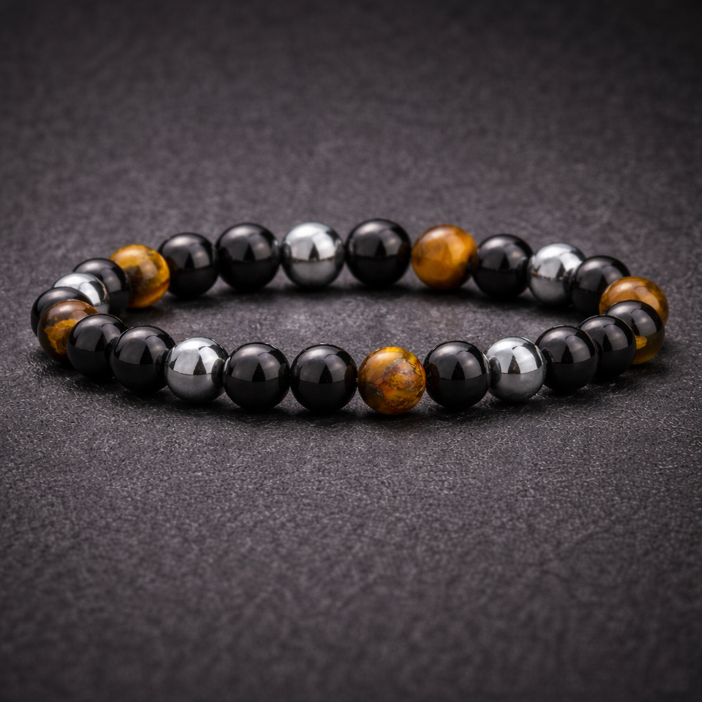Pulsera prosperidad piedra ojo tigre, hematita y obsidiana