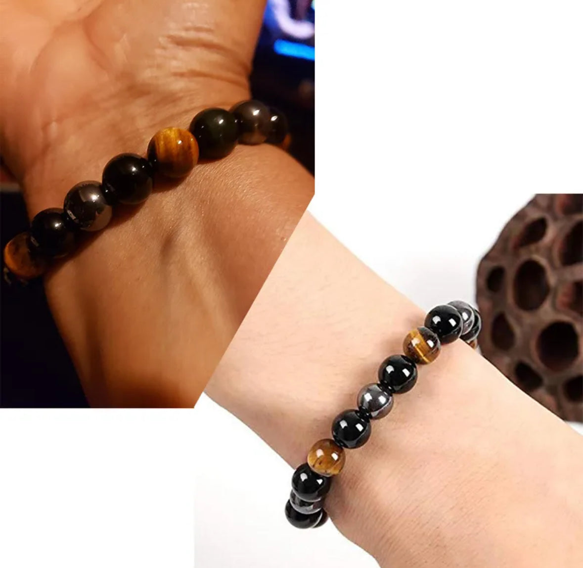Pulsera prosperidad piedra ojo tigre, hematita y obsidiana