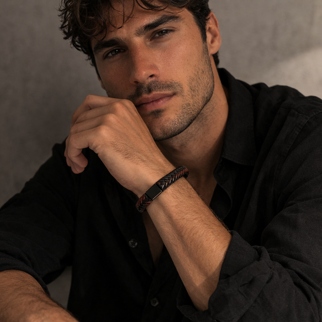 Pulsera de cuero piel para hombre bitono