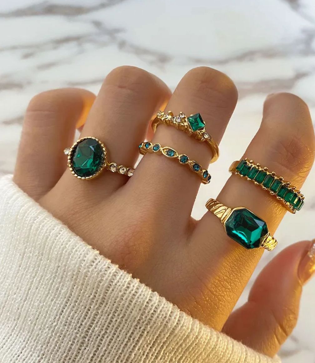 Anillos set 5 verde esmeralda autoajustable