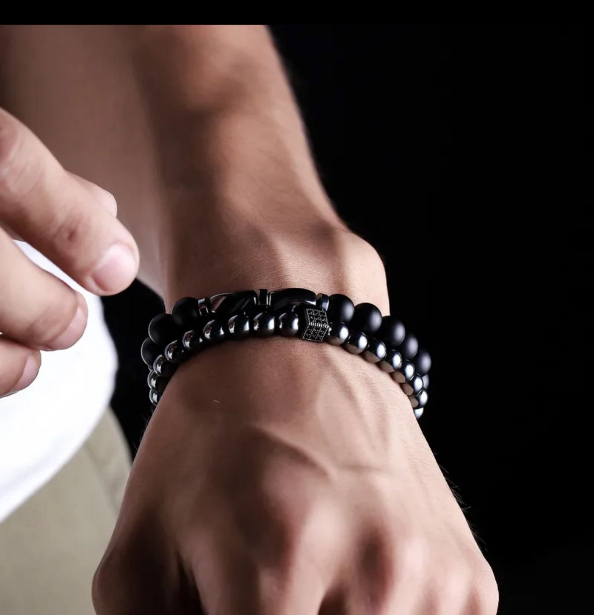 Juego de dos pulsera obsidiana/hematita