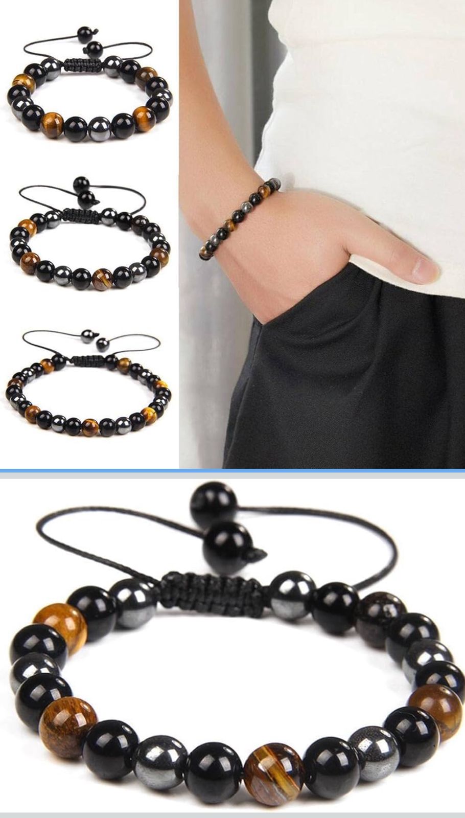 Pulsera fuerza piedra natural ojo tigre, hematita y obsidiana