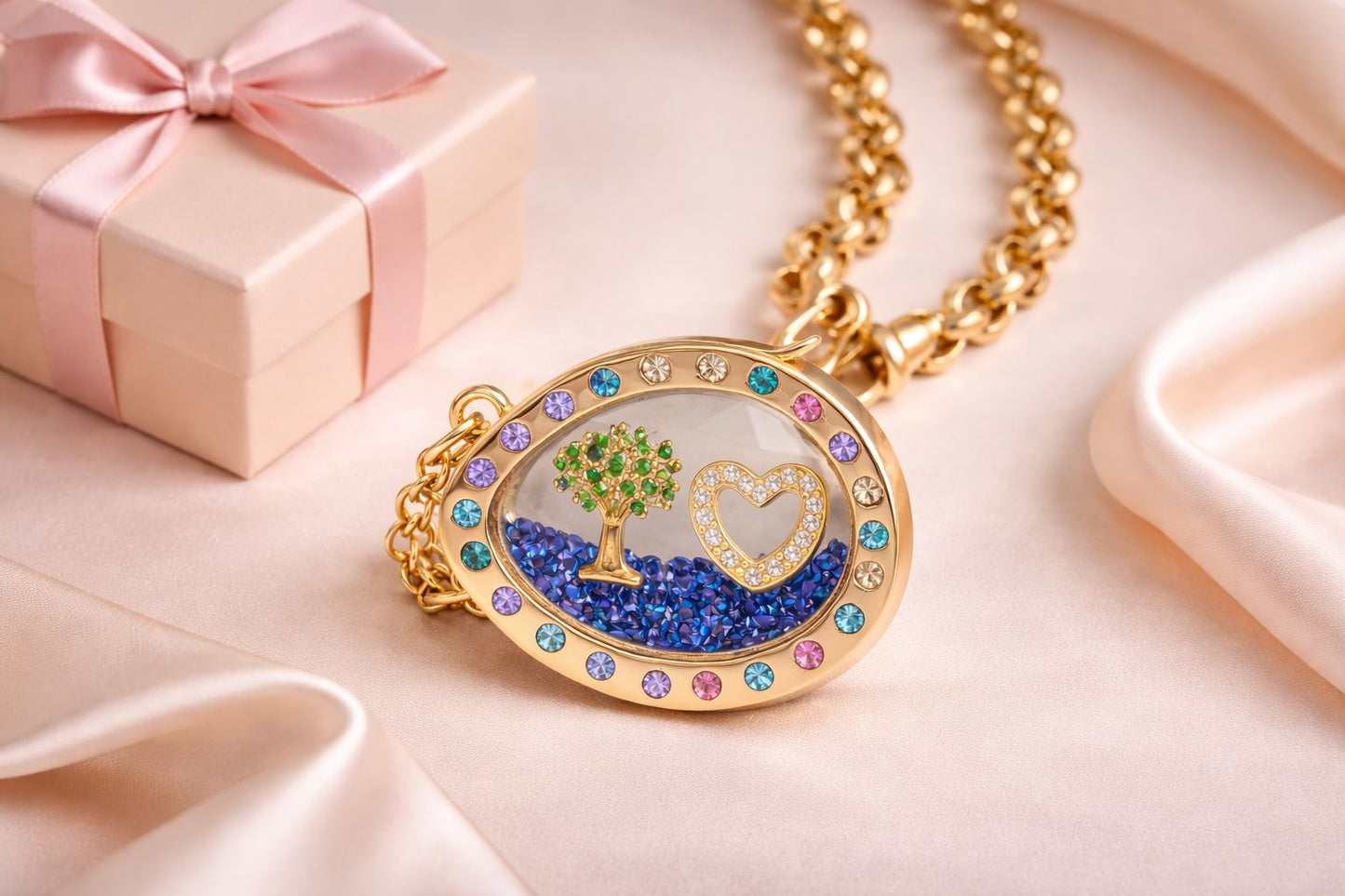 Collar locket con mini charm árbol vida y corazon