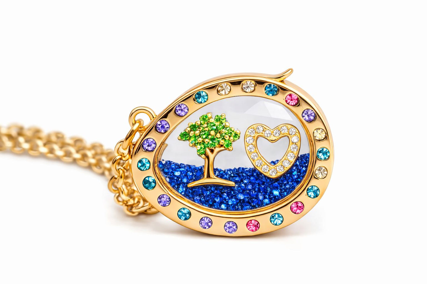 Collar locket con mini charm árbol vida y corazon