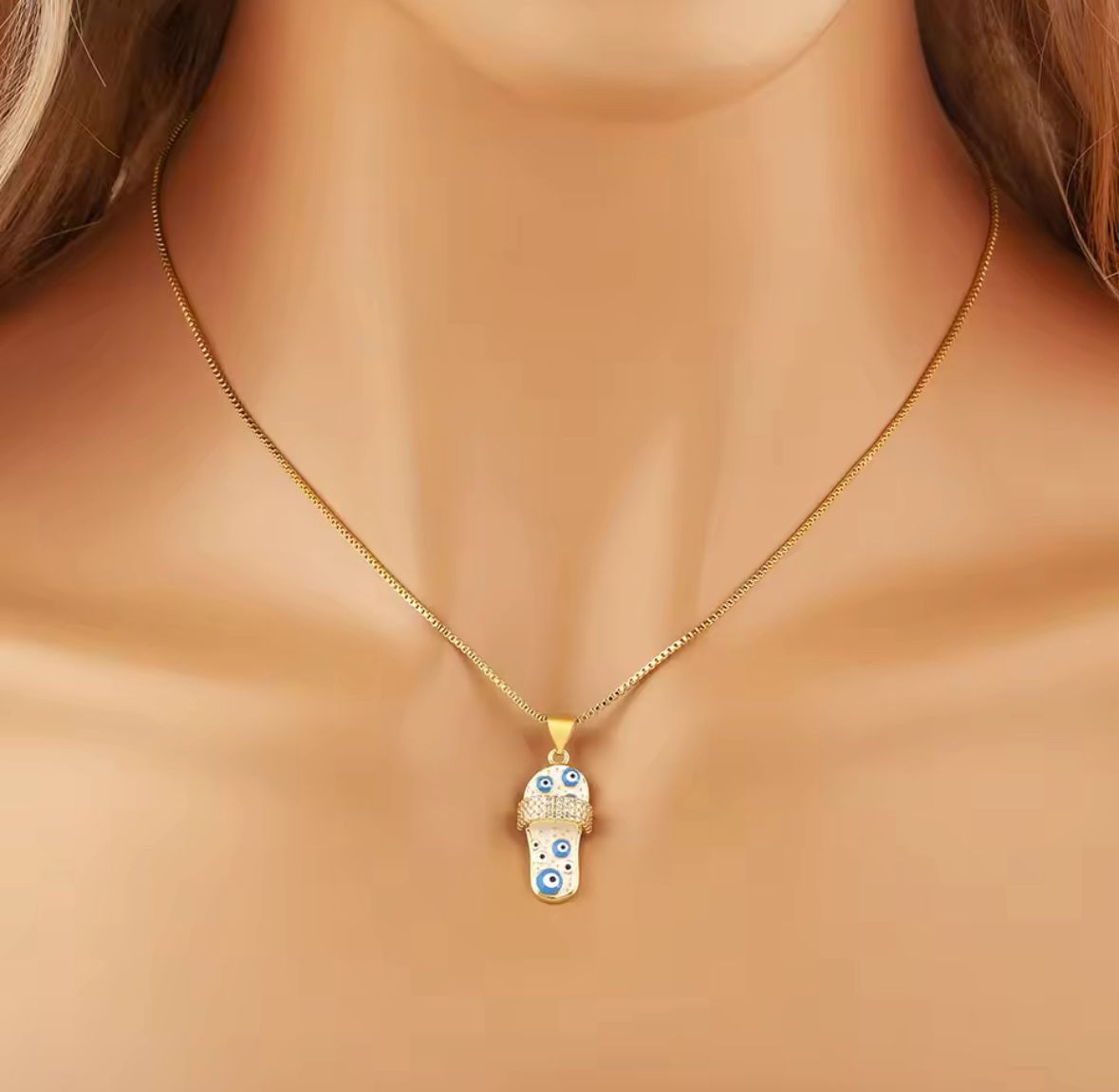 Collar sandal ojo turco rosa claro y azul