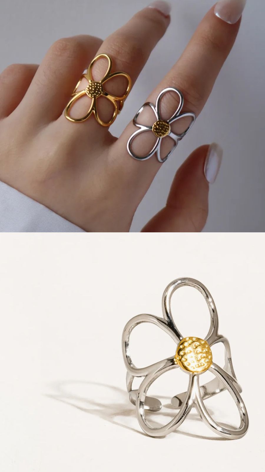 Anillo flor plateado  autoajustable
