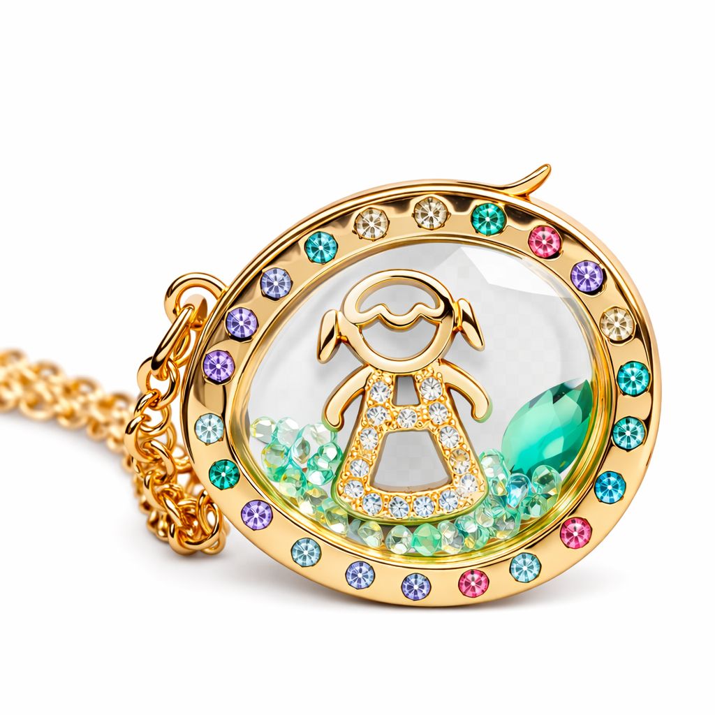 Collar locket con mini charm y piedras cristal