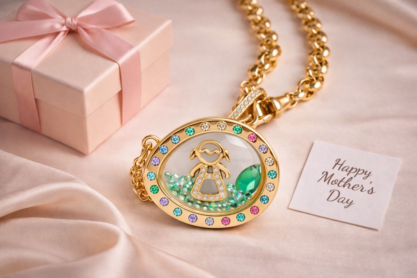 Collar locket con mini charm y piedras cristal