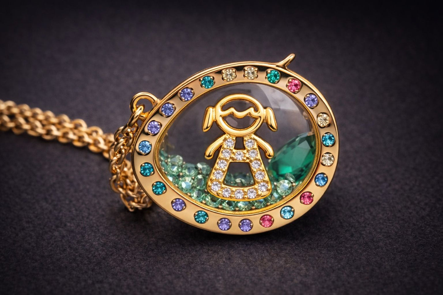 Collar locket con mini charm y piedras cristal