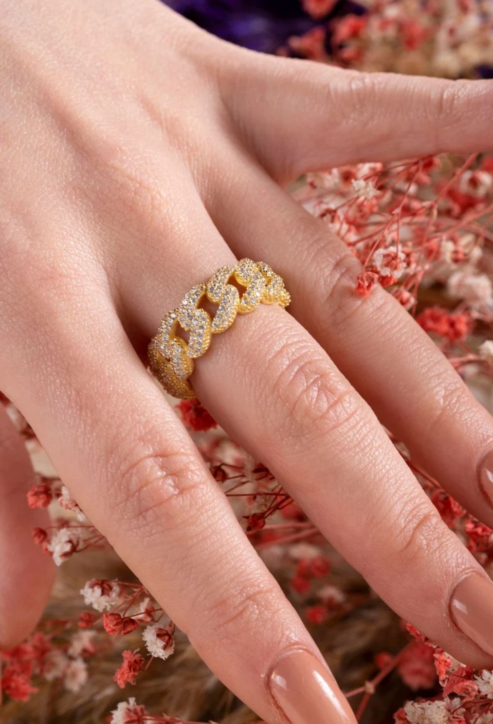 Anillo cadena bold  dorado con zirconia  autoajustable