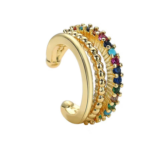 Ear cuff dorado circonio  colores tres líneas