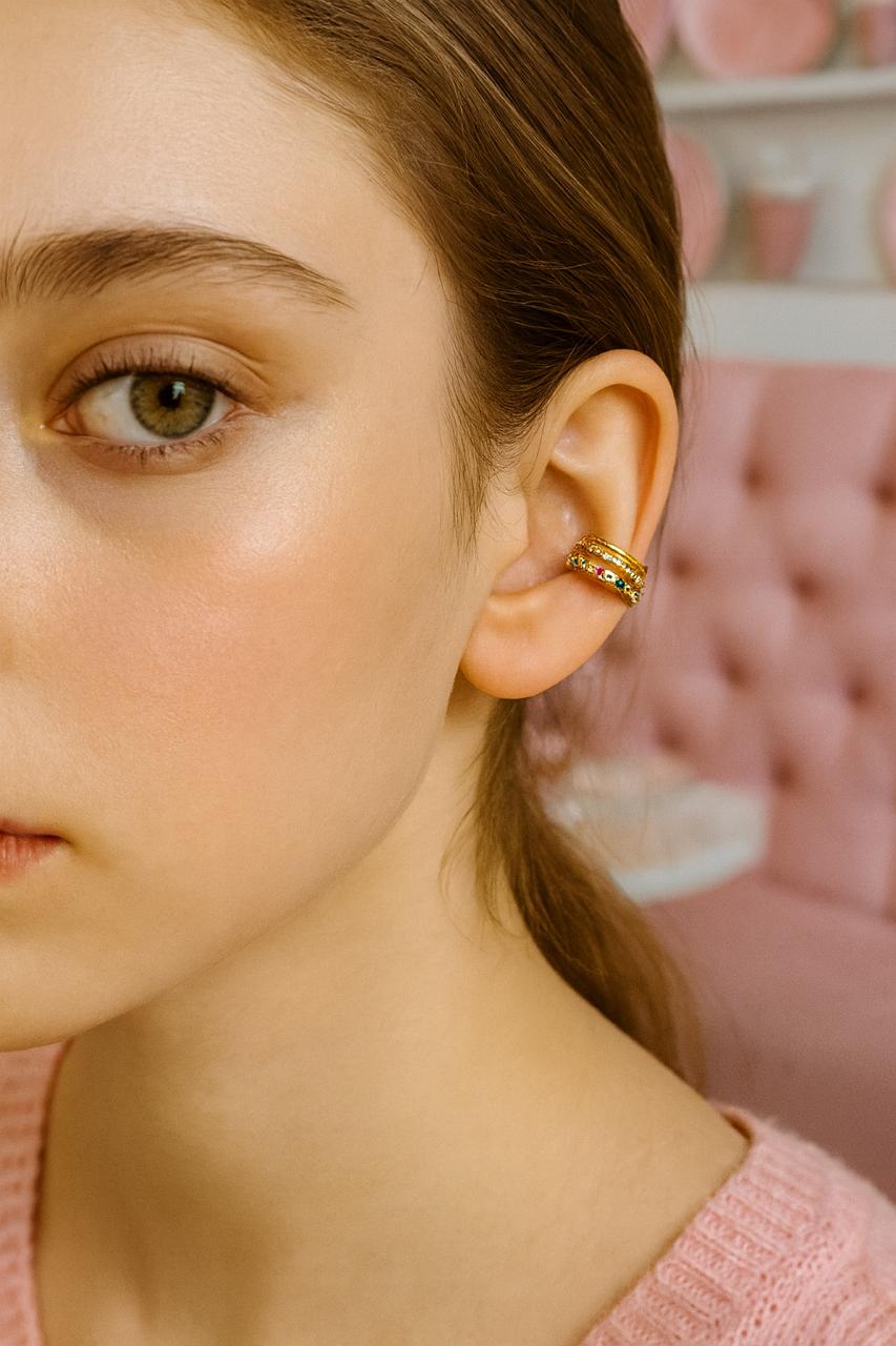 Ear cuff dorado circonio  colores tres líneas