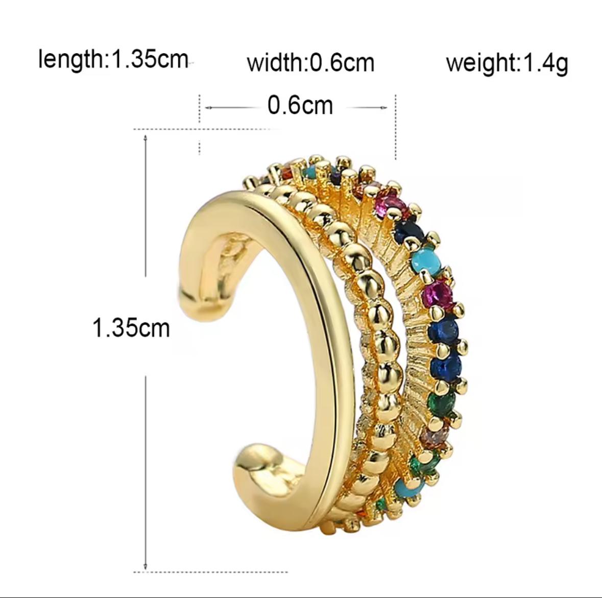 Ear cuff dorado circonio  colores tres líneas