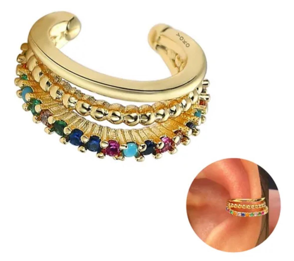 Ear cuff dorado circonio  colores tres líneas