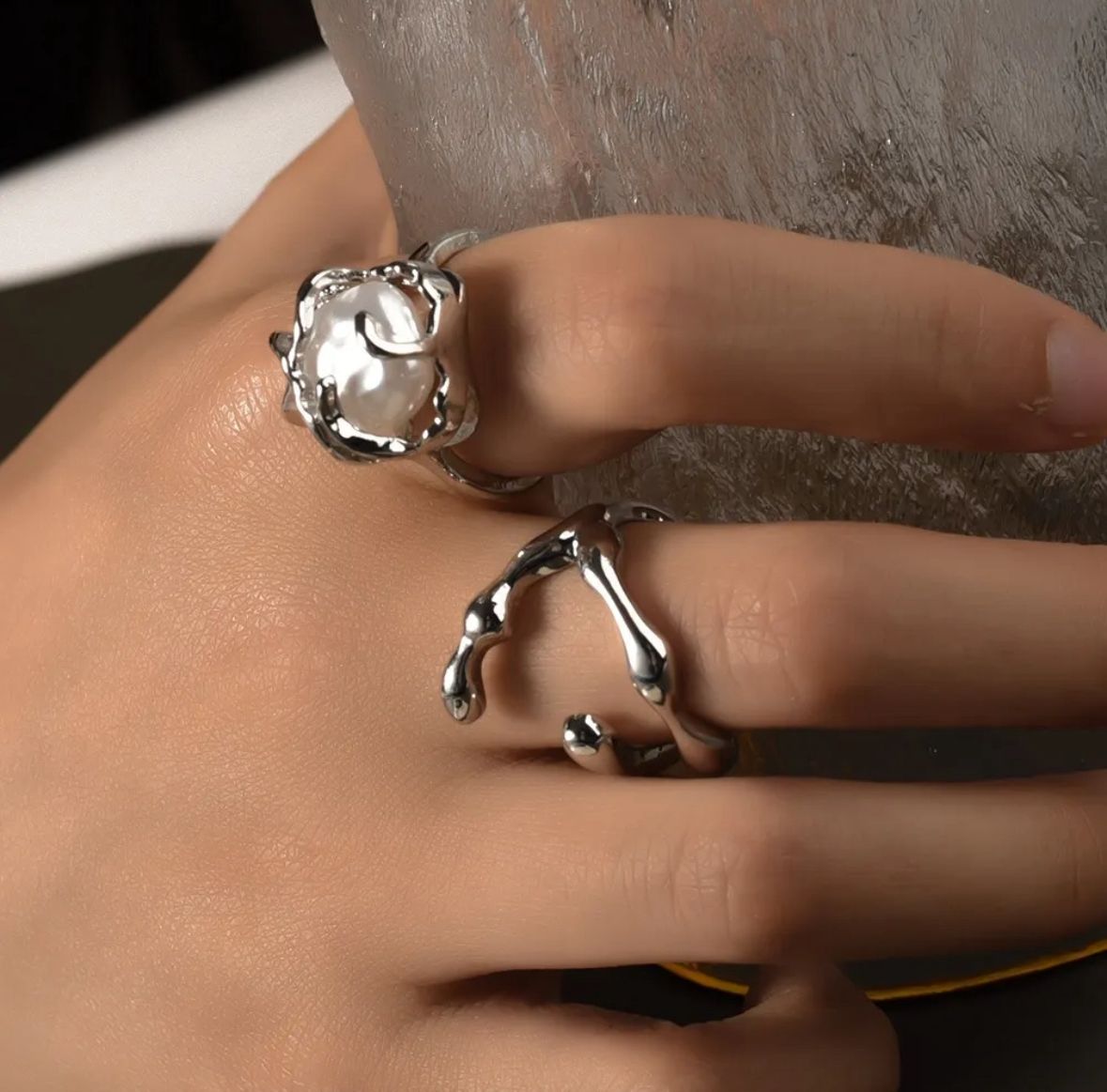 Juego anillos piedra nacar plata autoajustables