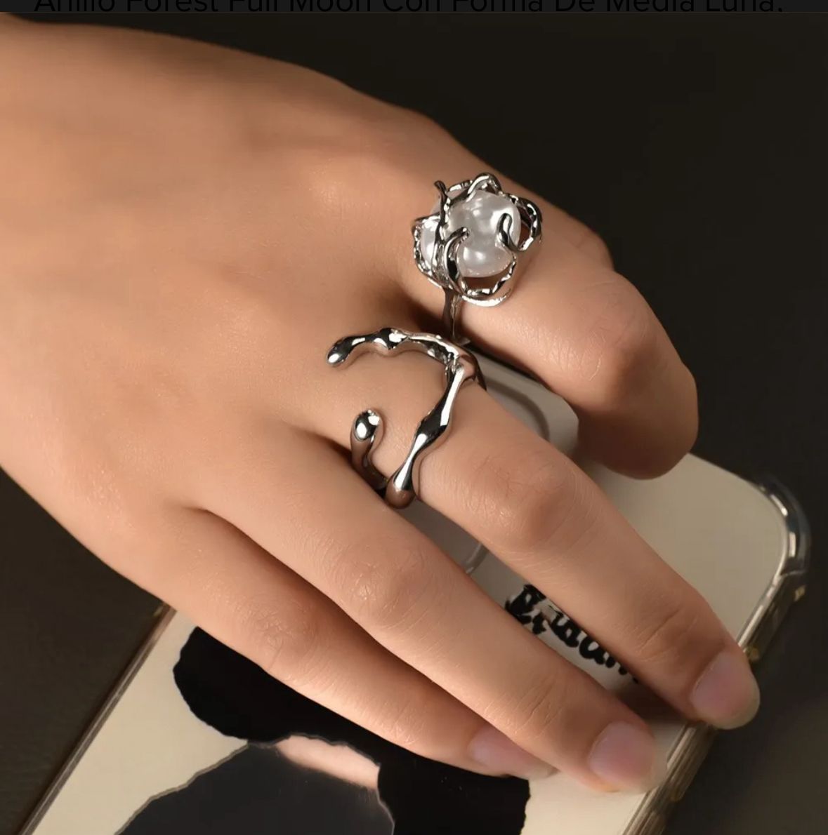 Juego anillos piedra nacar plata autoajustables