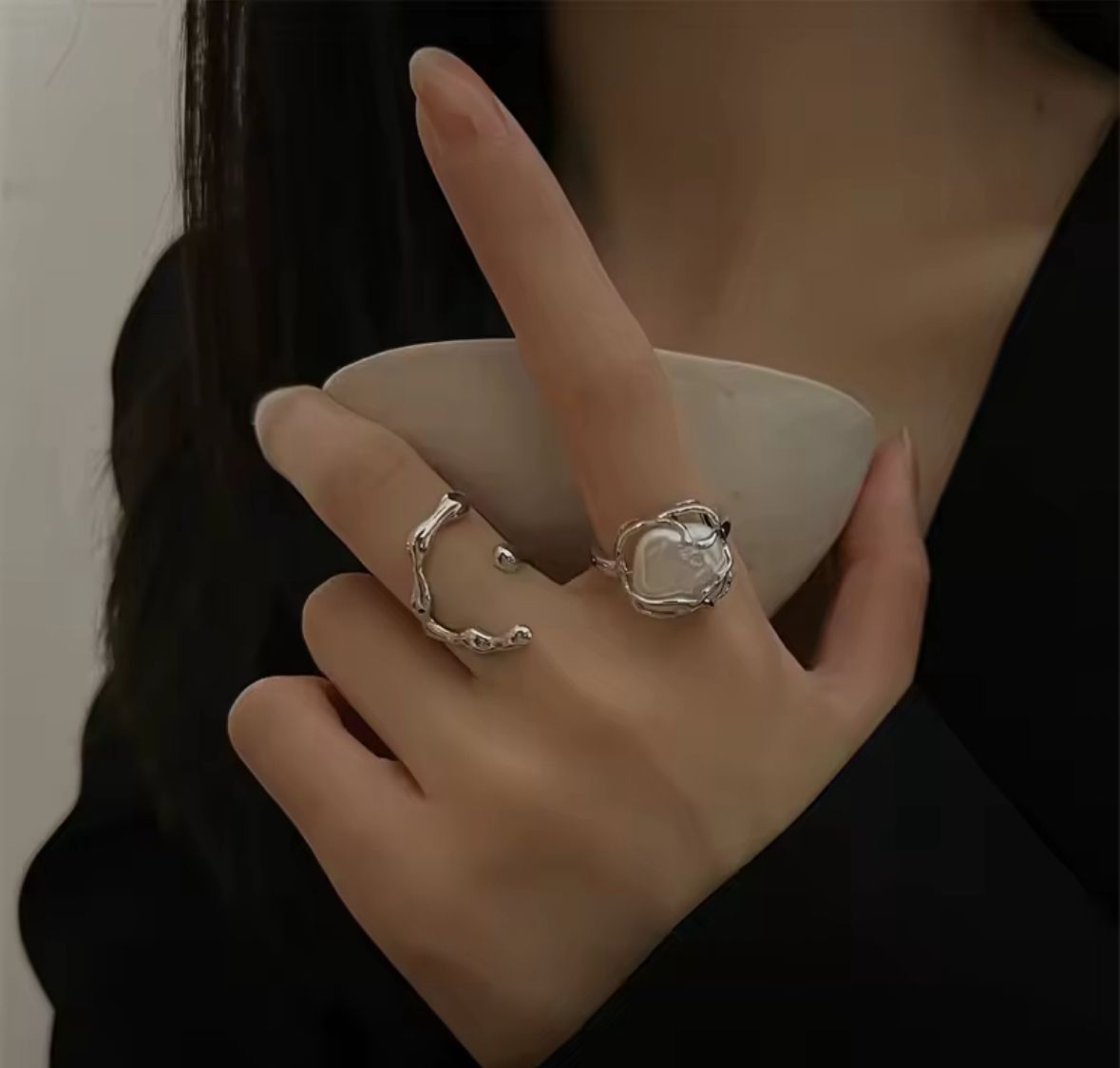 Juego anillos piedra nacar plata autoajustables