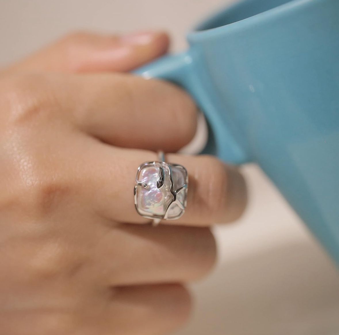 Juego anillos piedra nacar plata autoajustables