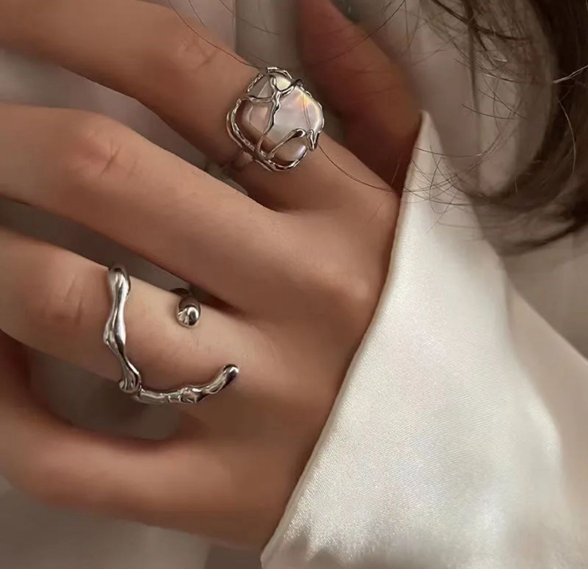 Juego anillos piedra nacar plata autoajustables