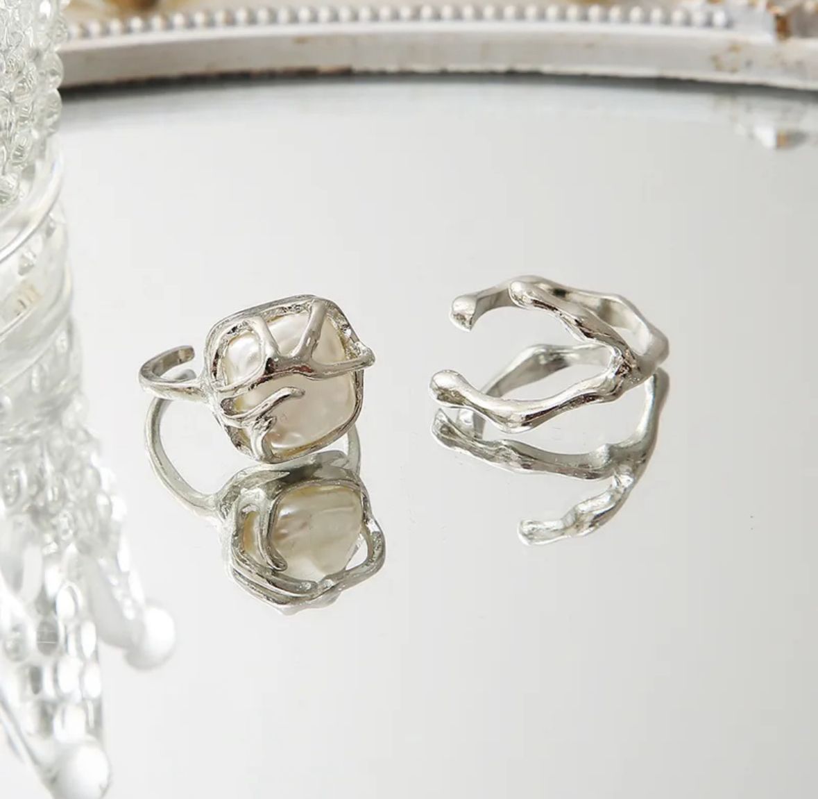 Juego anillos piedra nacar plata autoajustables