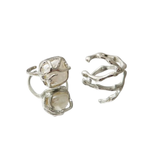 Juego anillos piedra nacar plata autoajustables