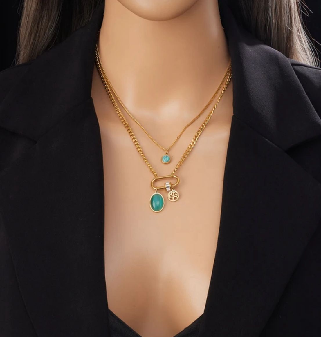 Collar doble layer dije piedra verde